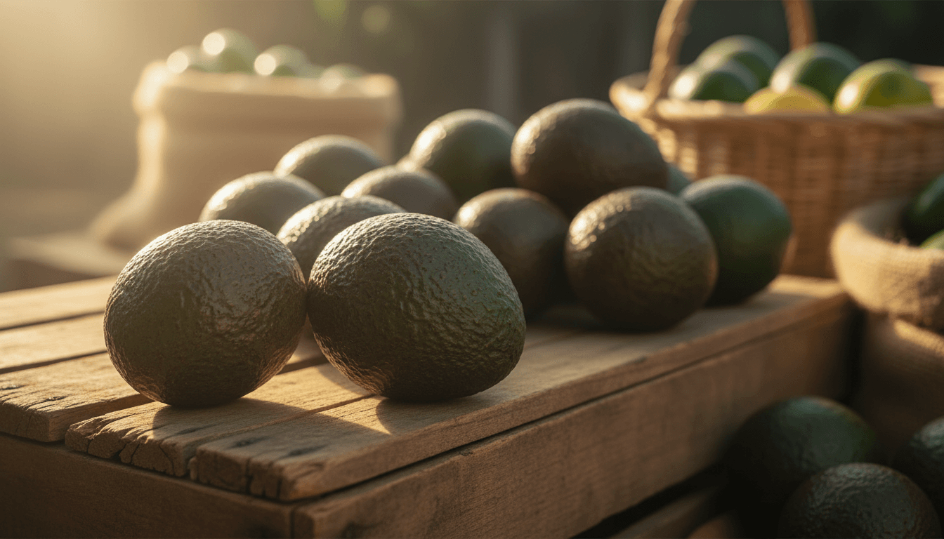 Ripe Colombian Hass avocados in natural morning light