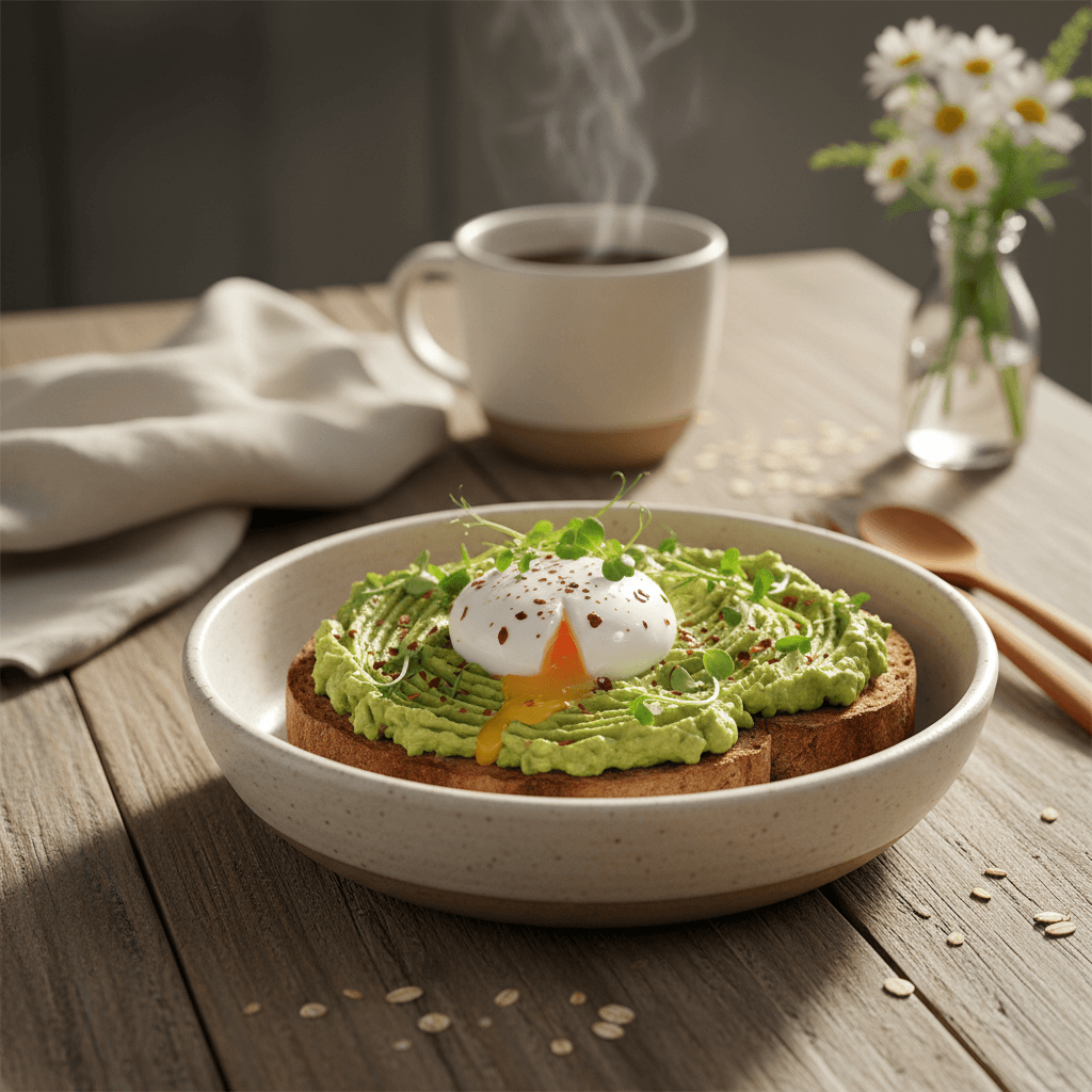 Avocado toast with poached egg and microgreens on ceramic plate, with steaming tea mug in soft-focus background