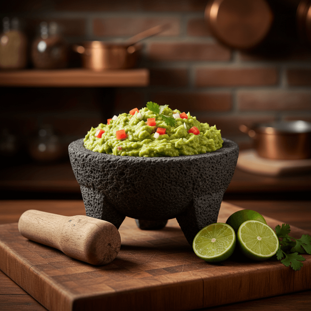 Traditional molcajete stone mortar filled with fresh guacamole, surrounded by lime, cilantro, and wooden pestle on wooden surface